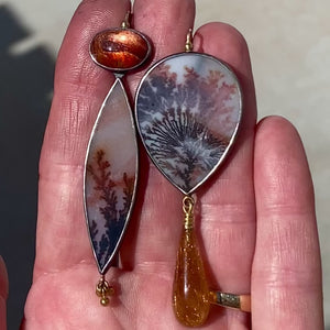 Dendritic Agate, Sunstone, and Golden Rutilated Quartz Earrings