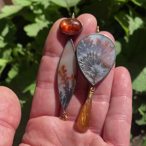 Dendritic Agate, Sunstone, and Golden Rutilated Quartz Earrings