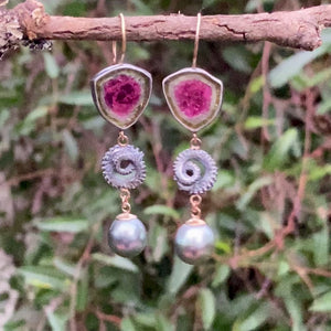 Watermelon Tourmaline, Octopus Tentacle, and Tahitian Pearl Earrings