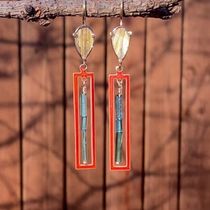 Golden Rutilated Quartz Earrings with Vintage Enamel and Tourmaline