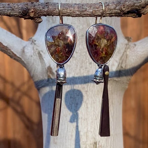 Red Pietersite Earrings with Detachable Vintage Wood and Paper Fans