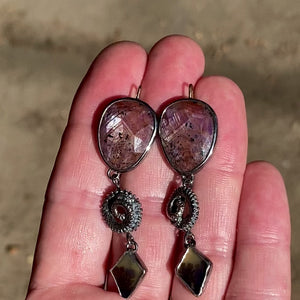Red Plaid Sapphire, Octopus Tentacle and Dendritic Agate Earrings
