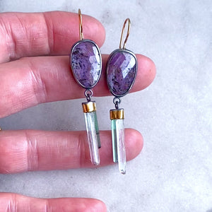 Purple Sapphire Earrings with Aquamarine & Tourmaline Wands