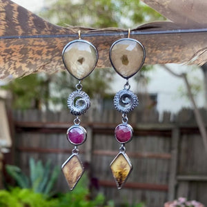 Champagne Sapphire, Ruby, and Dendritic Agate Earrings with Octopus Tentacle