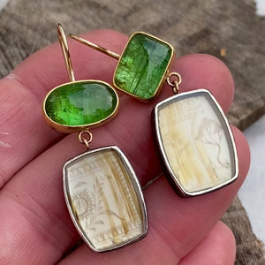 Apple Green Tourmaline and Montana Agate Earrings with Antique Chinese Mother of Pearl Gaming Token