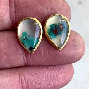Native Copper and Chrysocolla in Chalcedony Stud Earrings