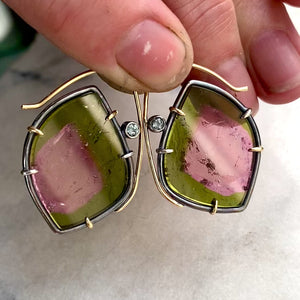 Watermelon Tourmaline Earrings with Diamond and Spinel