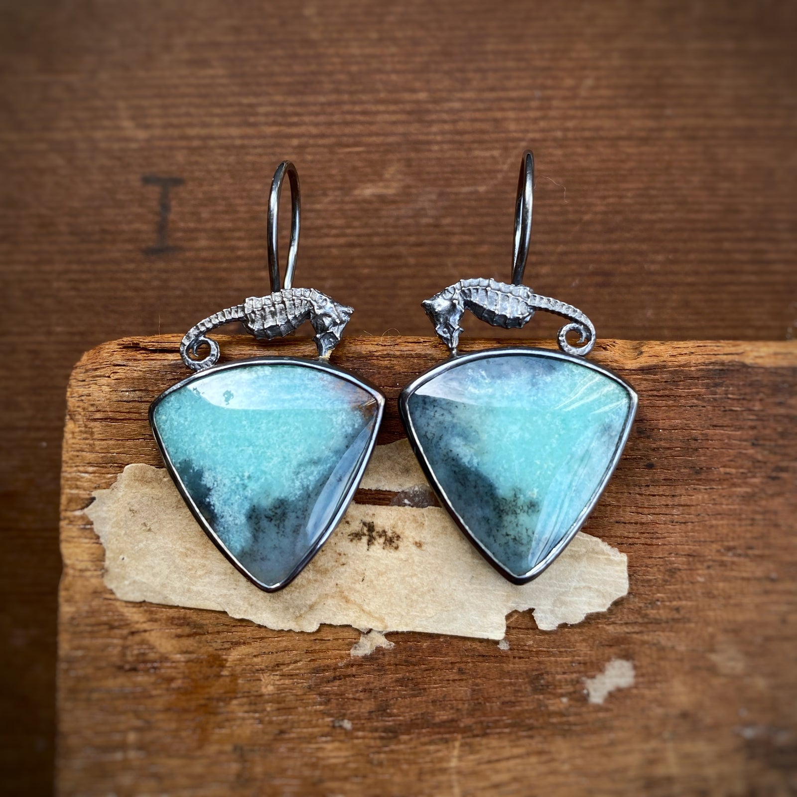 Opalized Wood Earrings with Seahorses