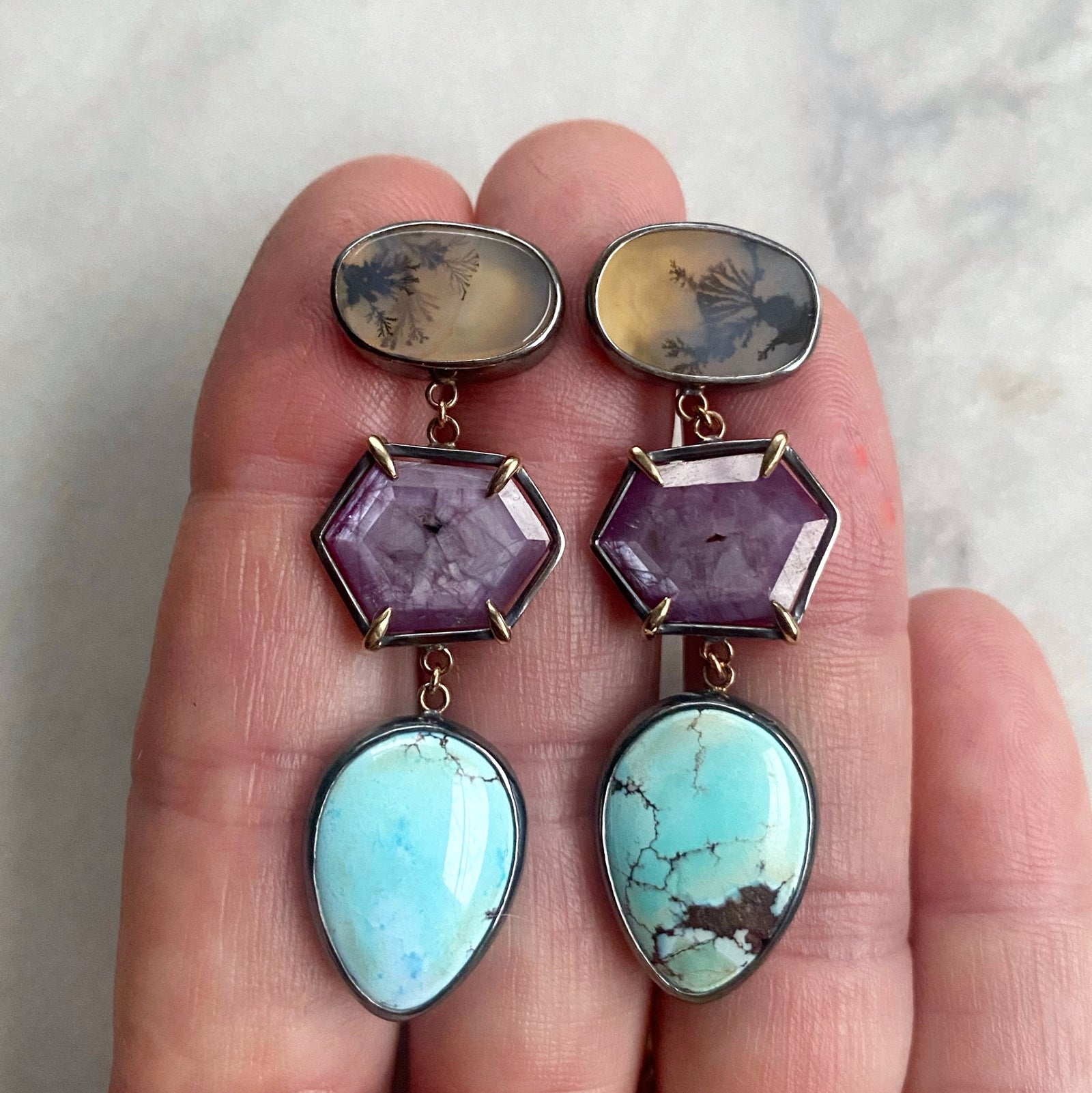 Dendritic Agate, Sapphire and Lavender Turquoise Earrings