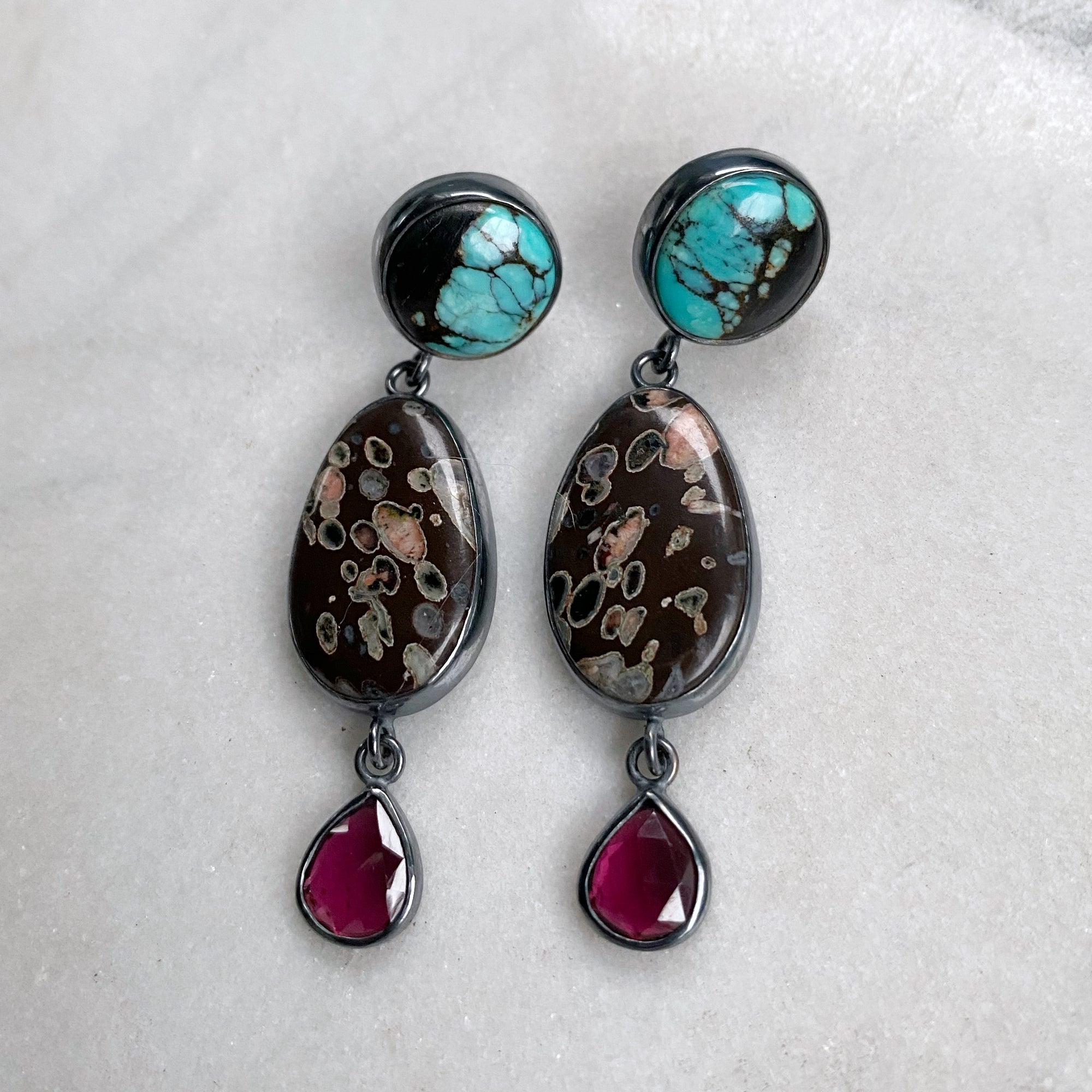 Turquoise, Volcanic Porphyry and Garnet Earrings