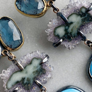 Lavender Turquoise, Amethyst Stalactite, Teal Kyanite and Grey Spinel Earrings
