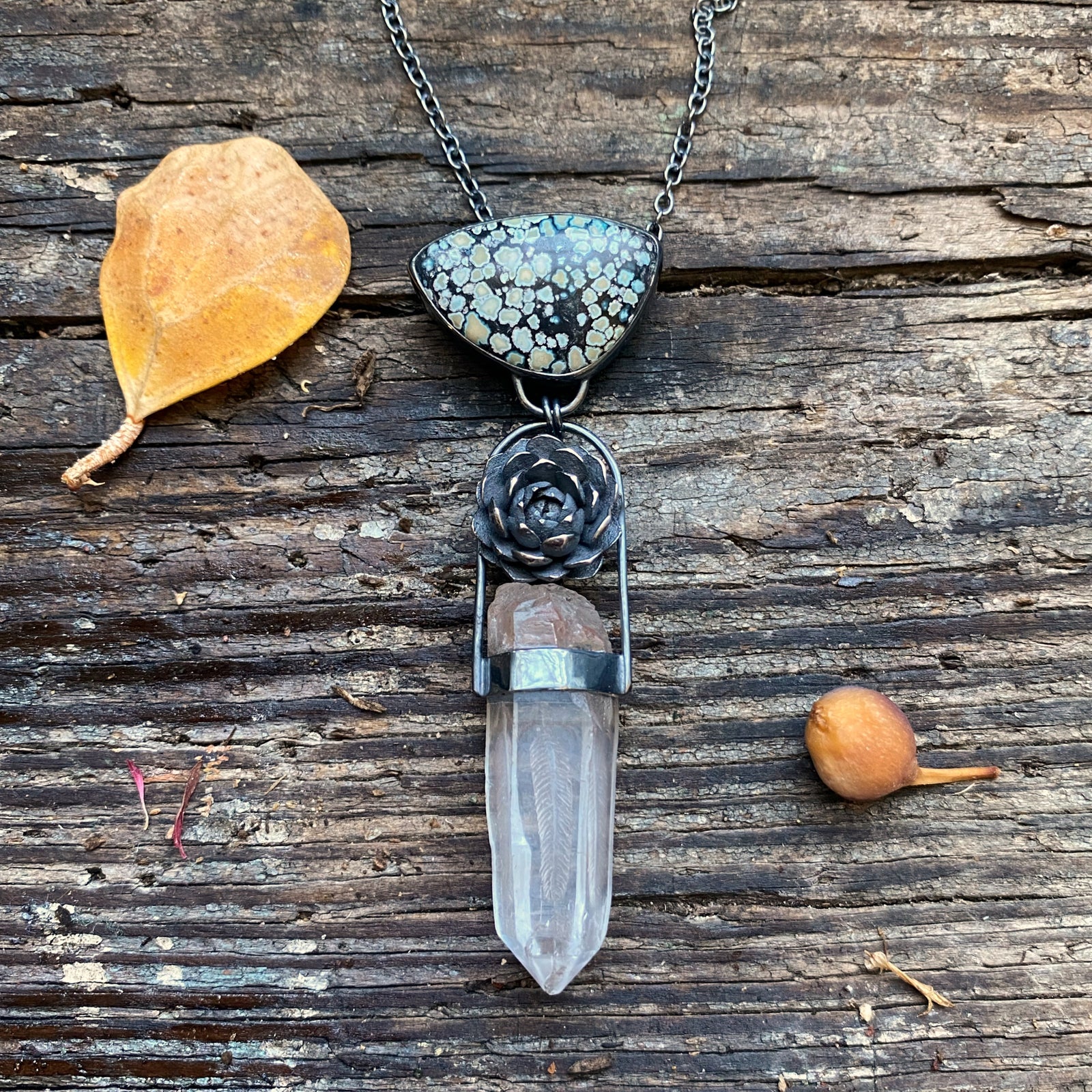 Turquoise and Quartz Necklace with Succulent