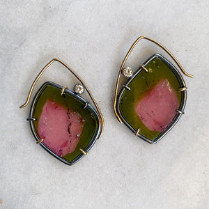 Watermelon Tourmaline Earrings with Diamond and Spinel