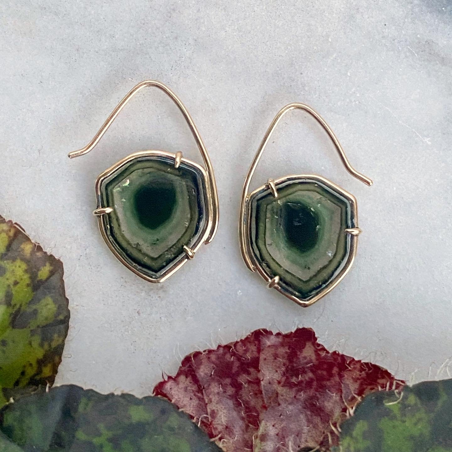 Striated Green Tourmaline Slice Earrings