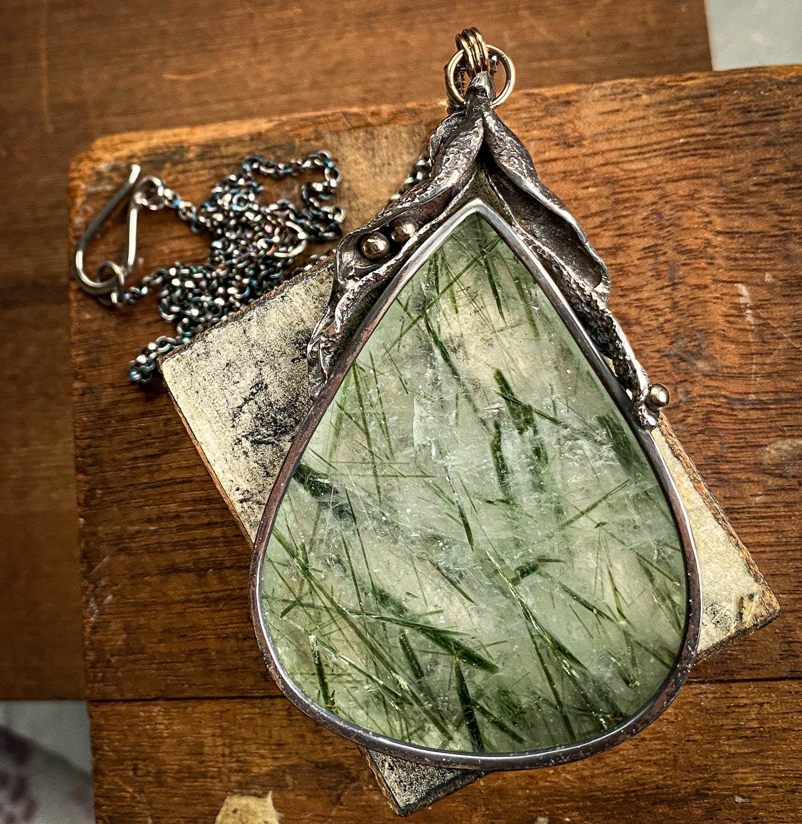 Epidote in Quartz Necklace with Cast Seedpod