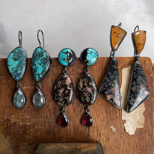 Turquoise, Volcanic Porphyry and Garnet Earrings