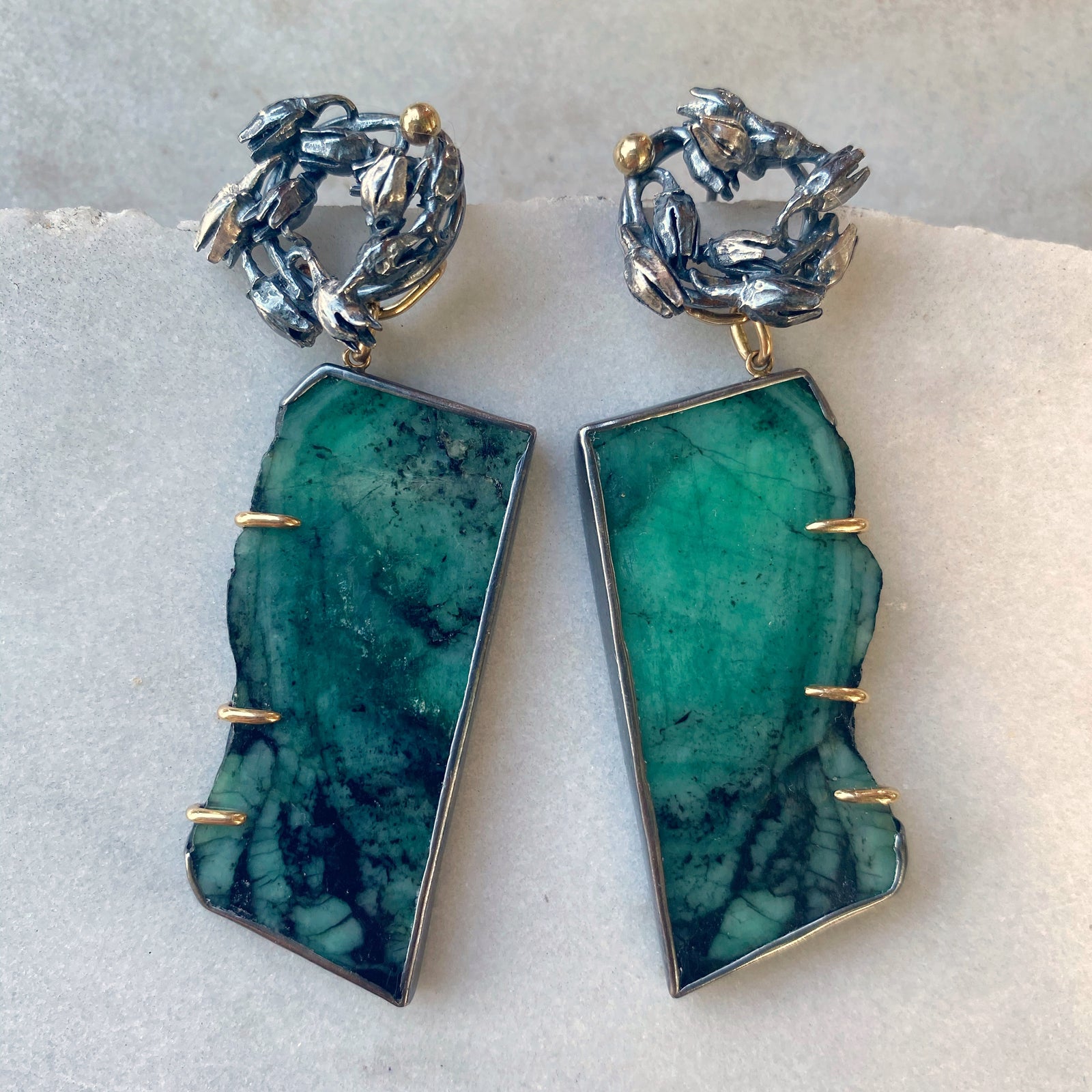Seedpod Wreath Charmholder Earrings with Emerald Slices