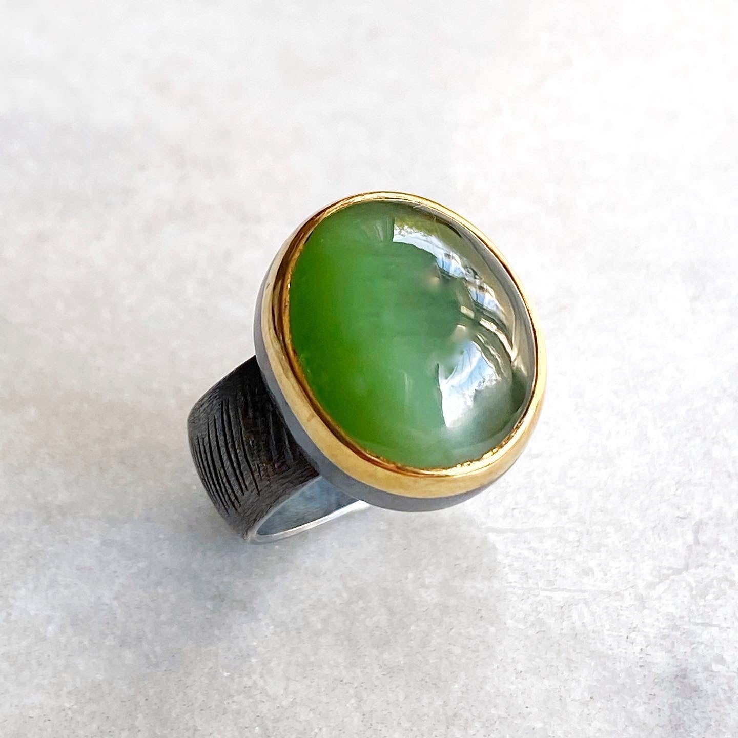 Siberian Cat’s Eye Jade Ring in 22K and Fine Silver