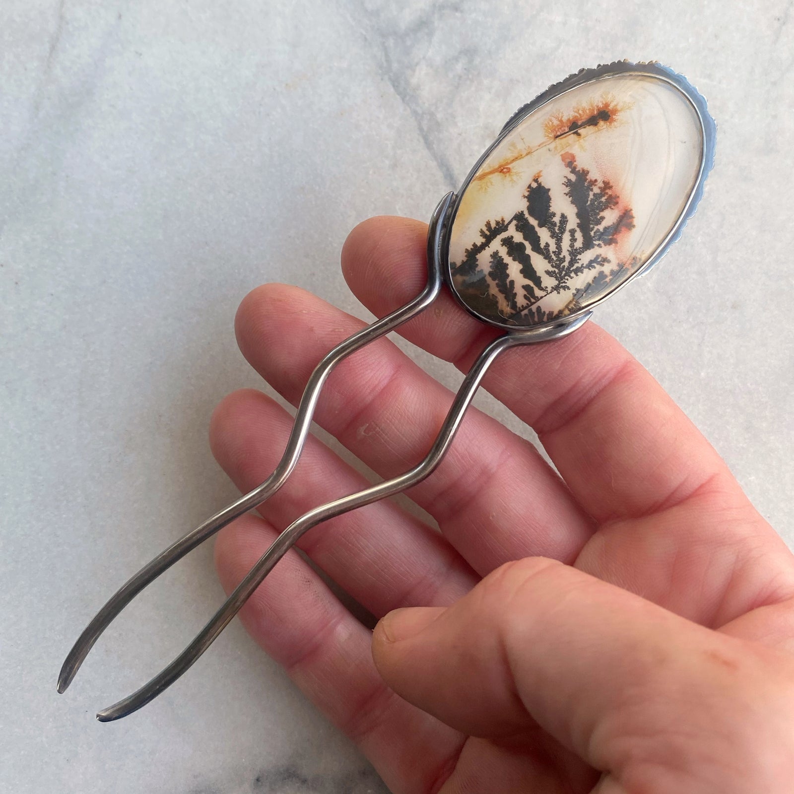 Doublet of Dendritic Agate over Quartz Hair Ornament