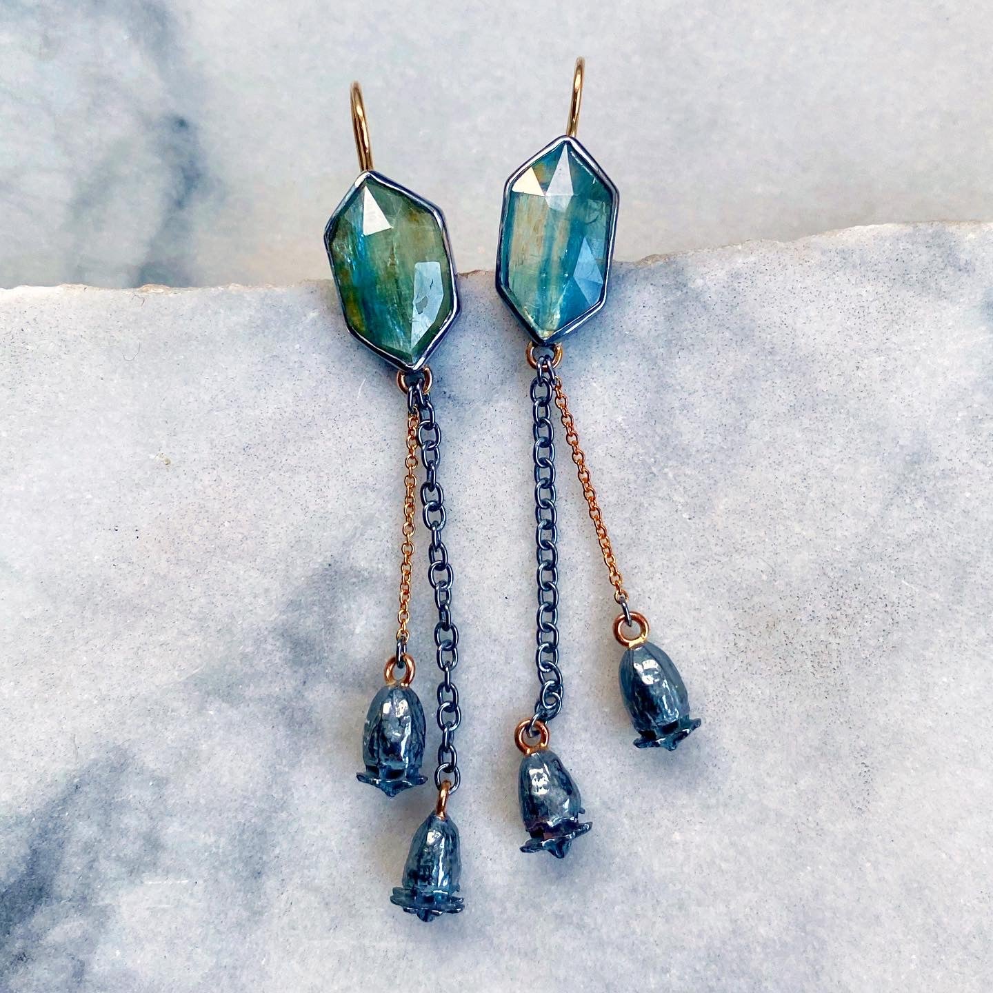 Kyanite Earrings with Poppy Pods