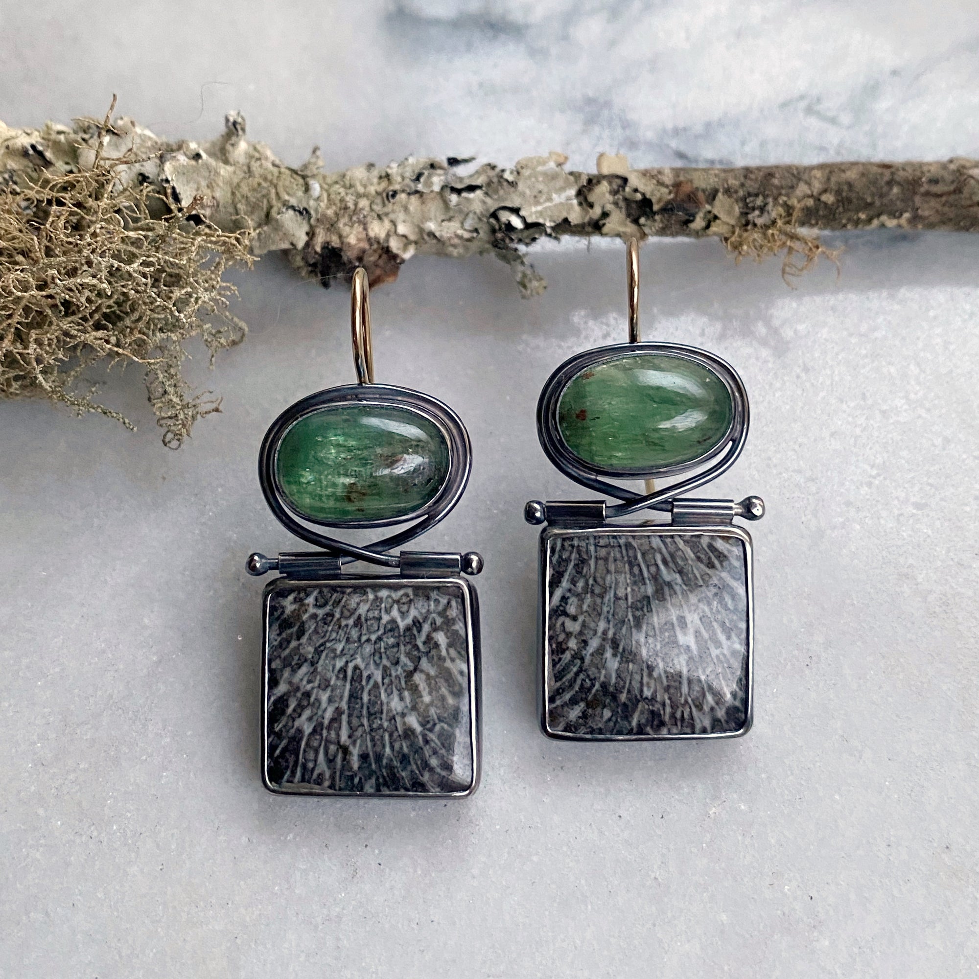 Green Kyanite and Fossilized Coral Earrings