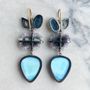Lavender Turquoise, Amethyst Stalactite, Teal Kyanite and Grey Spinel Earrings