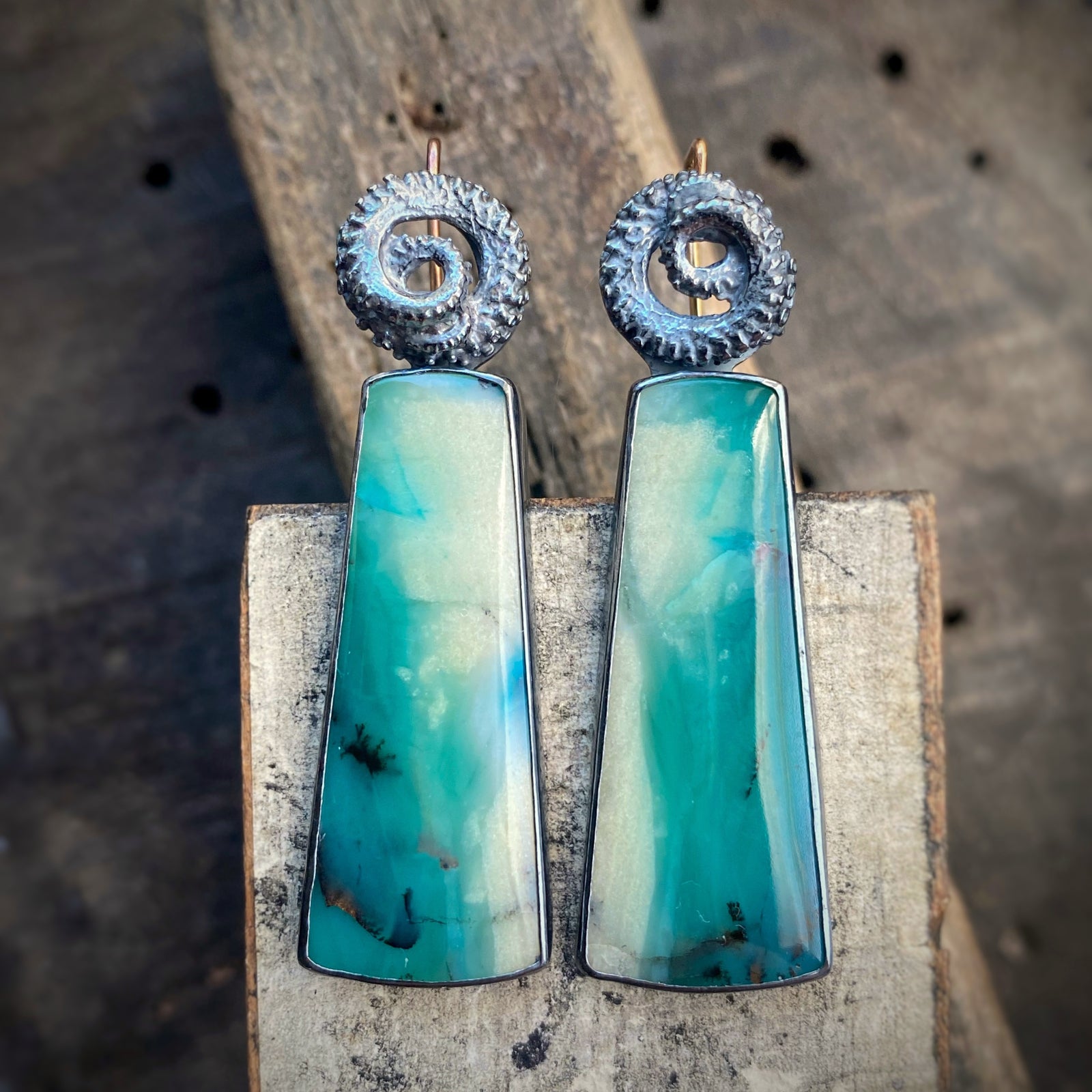 Opalized Wood Earrings with Octopus Tentacles